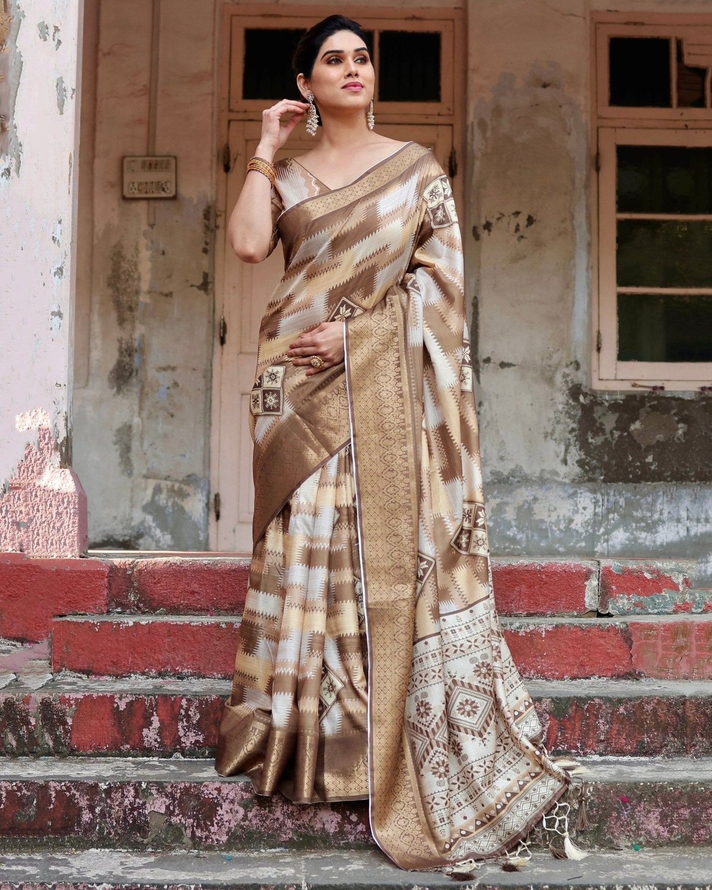 Pure Silk Digitally Printed Saree Weaved With Golden Zari Comes With Tassels - Almaari Fashion