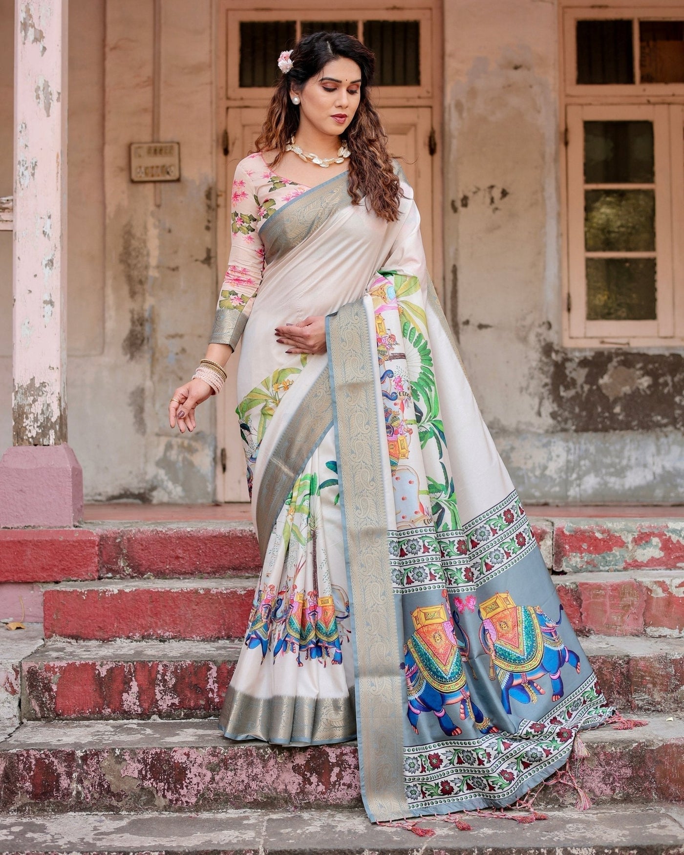 Pure Silk Digitally Printed Saree Weaved With Golden Zari Comes With Tassels - Almaari Fashion