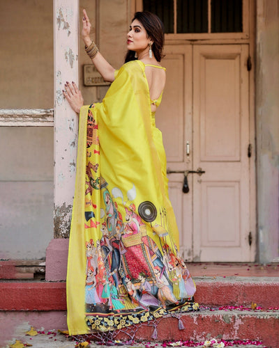 Pure Silk Digitally Printed Saree Weaved With Golden Zari Comes With Tassels - Almaari Fashion