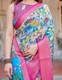 Vibrant Multicolor Digital Printed Banarasi Silk Saree with Pink Zari Border