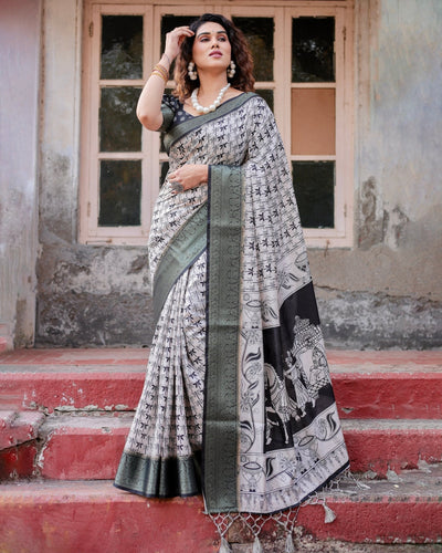 Pure Silk Digitally Printed Saree Weaved With Golden Zari Comes With Tassels - Almaari Fashion