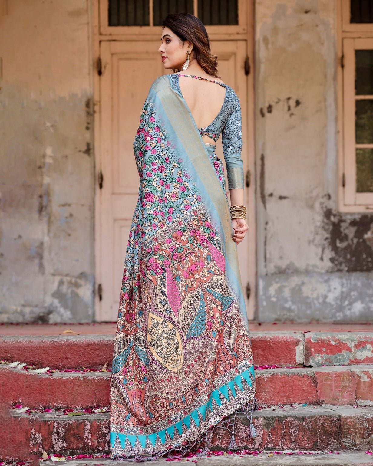 Pure Silk Digitally Printed Saree Weaved With Golden Zari Comes With Tassels - Almaari Fashion