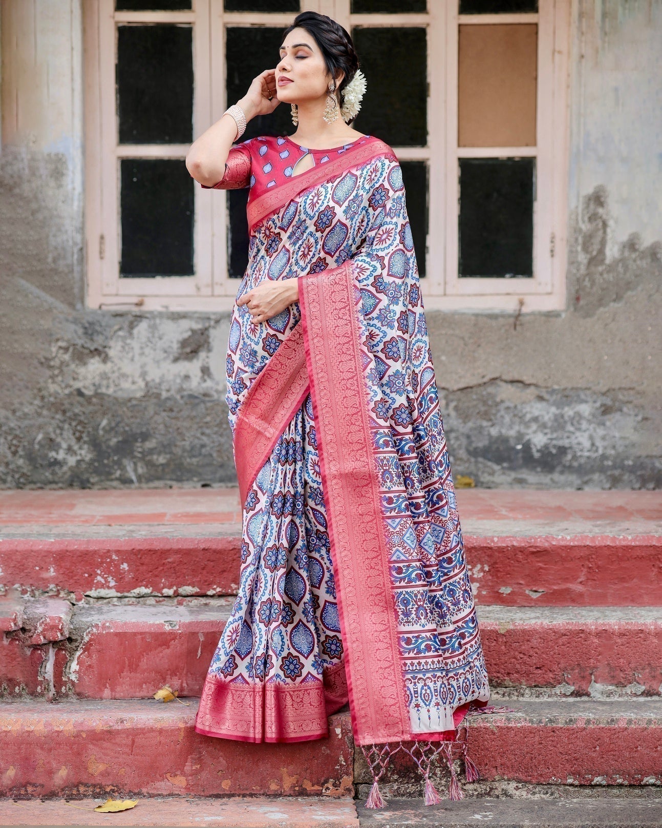 Pure Silk Digitally Printed Saree Weaved With Golden Zari Comes With Tassels - Almaari Fashion