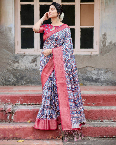 Pure Silk Digitally Printed Saree Weaved With Golden Zari Comes With Tassels - Almaari Fashion