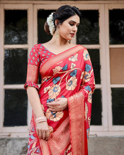 Pure Silk Digitally Printed Saree Weaved With Golden Zari Comes With Tassels - Almaari Fashion