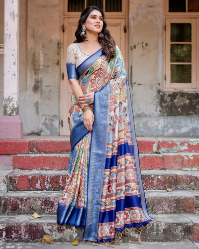 Pure Silk Digitally Printed Saree Weaved With Golden Zari Comes With Tassels - Almaari Fashion