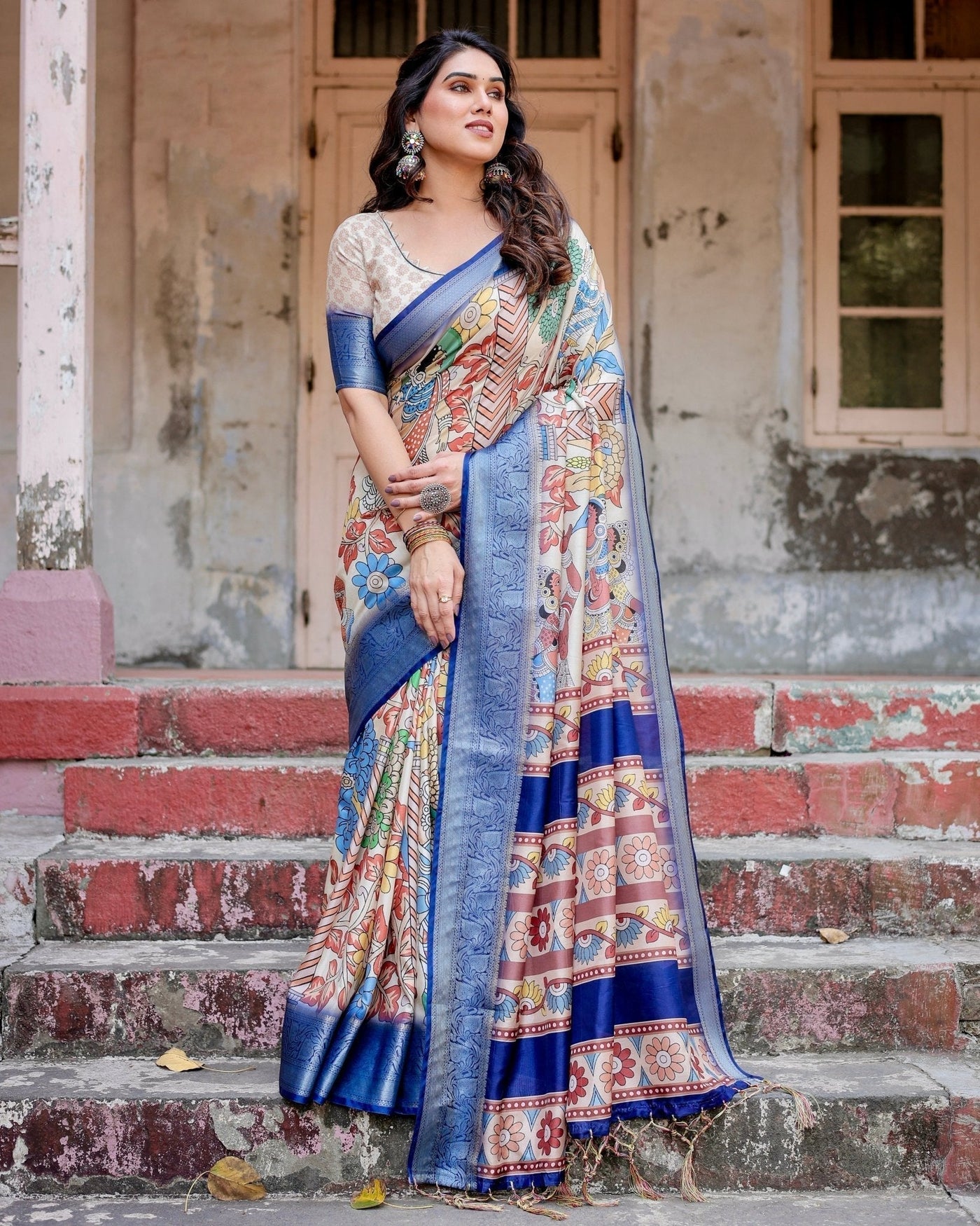 Pure Silk Digitally Printed Saree Weaved With Golden Zari Comes With Tassels - Almaari Fashion