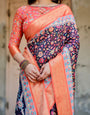 Navy Blue and Peach Banarasi Silk Saree with Peacock Motifs and Floral Zari Border