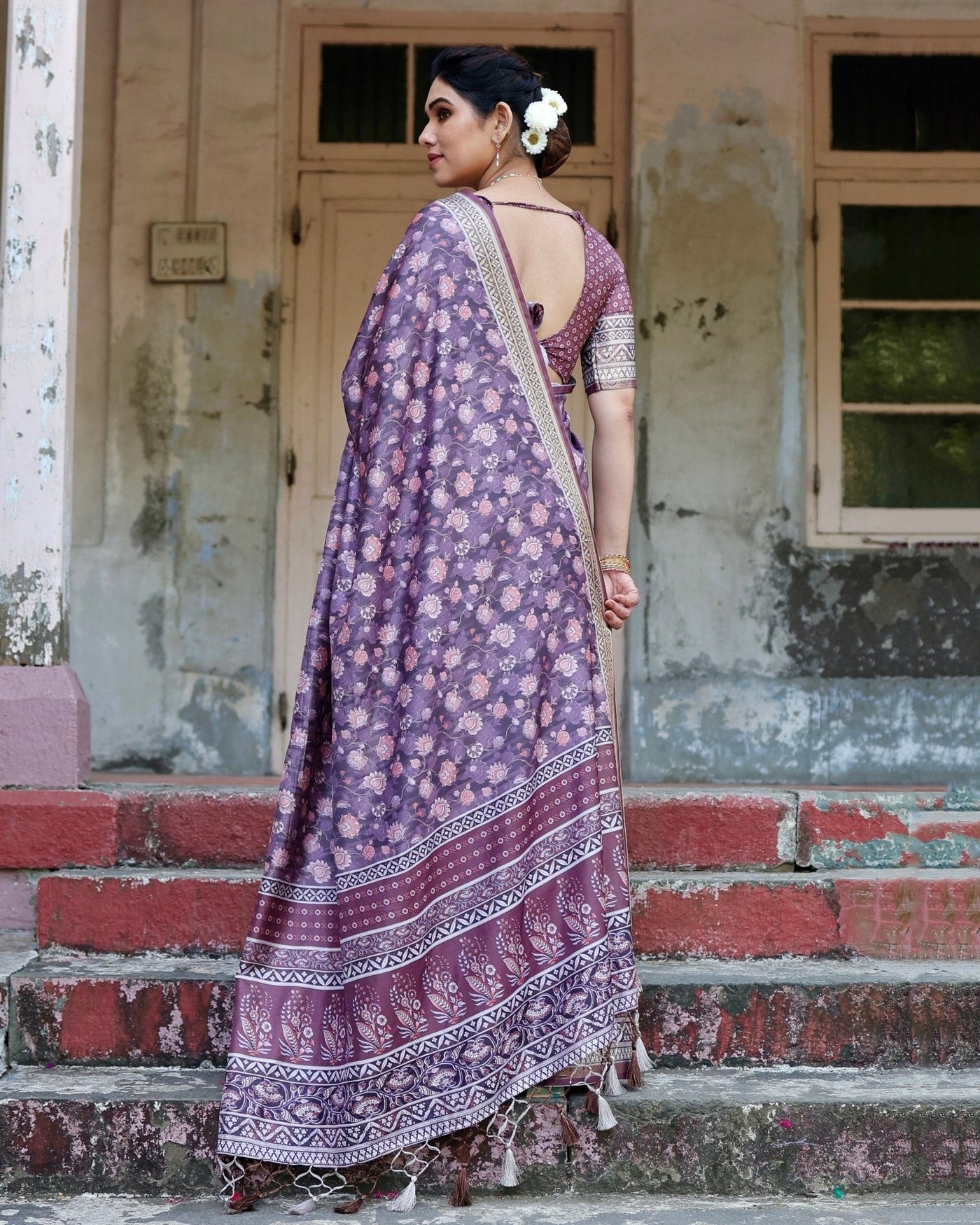 Pure Silk Digitally Printed Saree Weaved With Golden Zari Comes With Tassels - Almaari Fashion