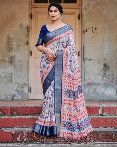 Pure Silk Digitally Printed Saree Weaved With Golden Zari Comes With Tassels - Almaari Fashion