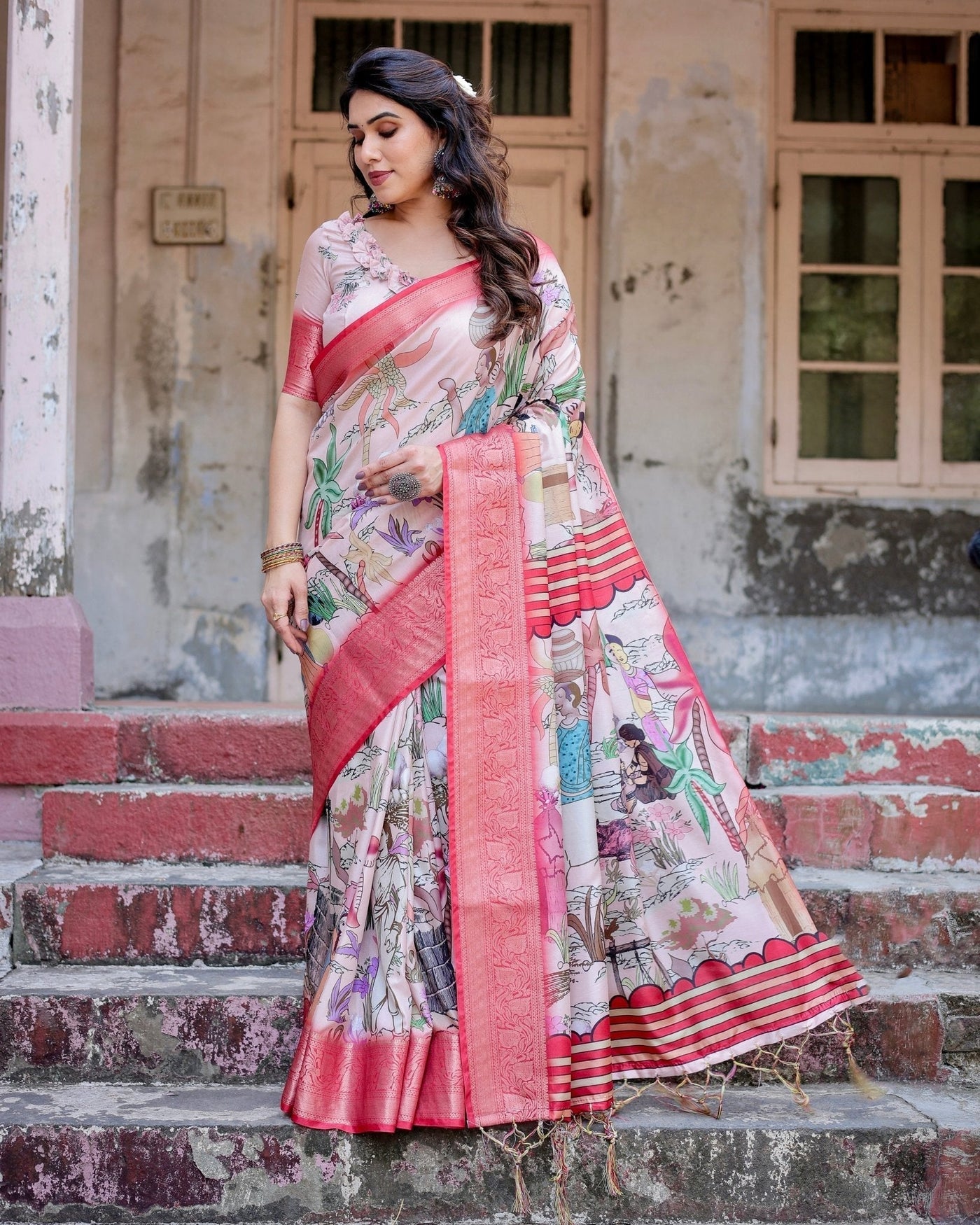 Pure Silk Digitally Printed Saree Weaved With Golden Zari Comes With Tassels - Almaari Fashion