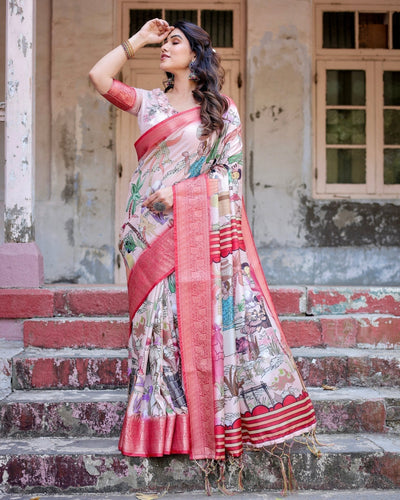 Pure Silk Digitally Printed Saree Weaved With Golden Zari Comes With Tassels - Almaari Fashion