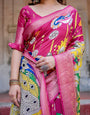 Magenta Banarasi Silk Saree with Artistic Peacock & Floral Kalamkari Design