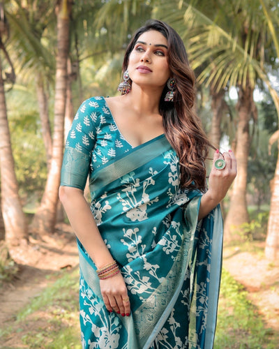 Pure Silk Digitally Printed Saree Weaved With Golden Zari Comes With Tassels - Almaari Fashion