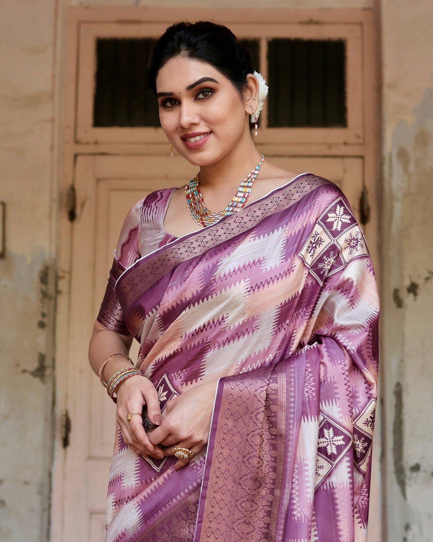 Pure Silk Digitally Printed Saree Weaved With Golden Zari Comes With Tassels - Almaari Fashion