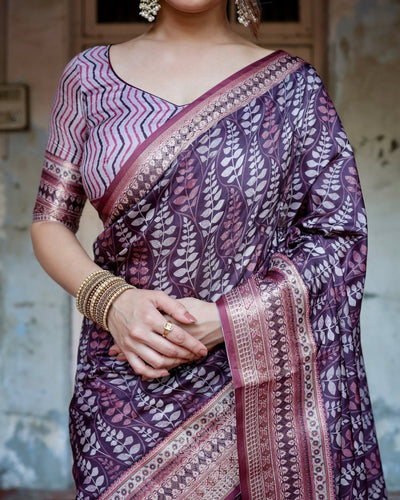 Pure Silk Digitally Printed Saree Weaved With Golden Zari Comes With Tassels - Almaari Fashion