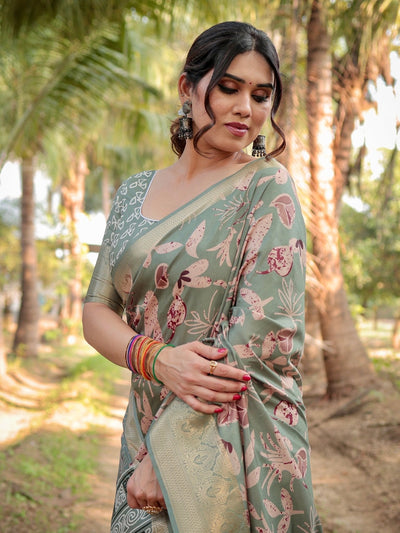 Pure Silk Digitally Printed Saree Weaved With Golden Zari Comes With Tassels - Almaari Fashion