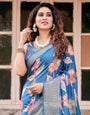 Sky Blue Tussar Silk Saree with Bold Floral Motifs and Chevron Pallu Design