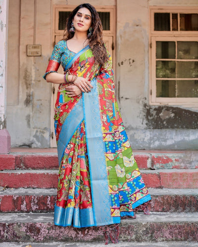 Pure Silk Digitally Printed Saree Weaved With Golden Zari Comes With Tassels - Almaari Fashion