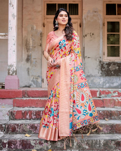 Pure Silk Digitally Printed Saree Weaved With Golden Zari Comes With Tassels - Almaari Fashion