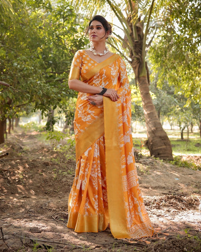 Pure Silk Digitally Printed Saree Weaved With Golden Zari Comes With Tassels - Almaari Fashion