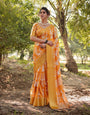 Sunshine Yellow Tussar Silk Saree with White Floral Motifs, Lustrous Zari Border, and Graceful Tassel Pallu