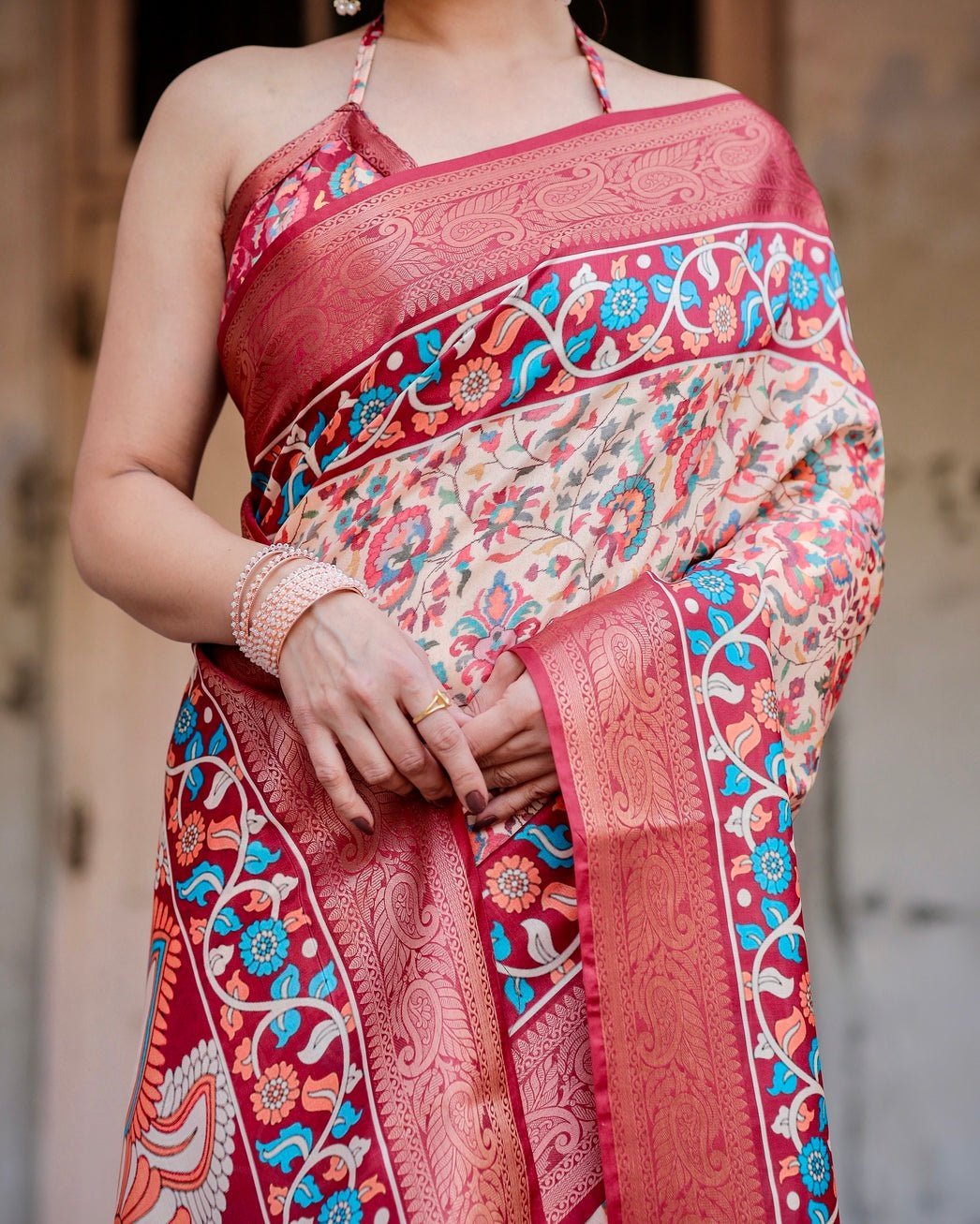 Pure Silk Digitally Printed Saree Weaved With Golden Zari Comes With Tassels - Almaari Fashion