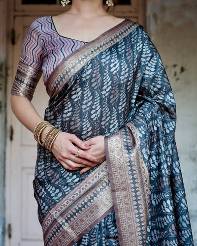 Pure Silk Digitally Printed Saree Weaved With Golden Zari Comes With Tassels - Almaari Fashion