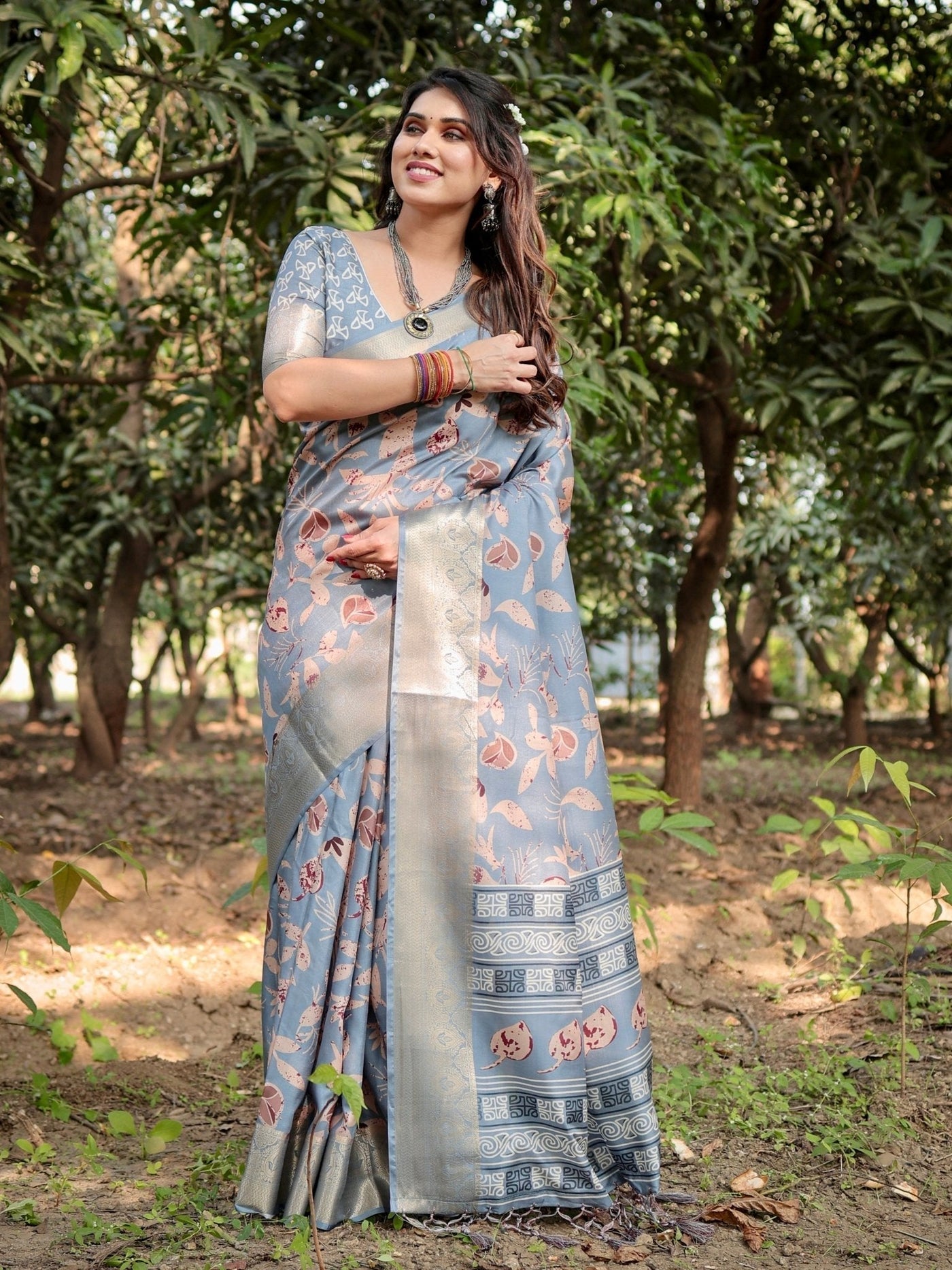 Pure Silk Digitally Printed Saree Weaved With Golden Zari Comes With Tassels - Almaari Fashion