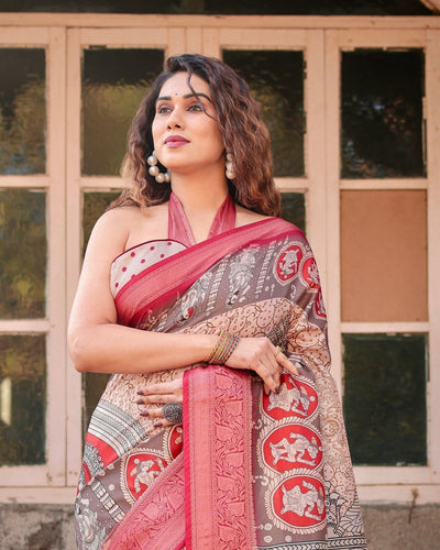 Pure Silk Digitally Printed Saree Weaved With Golden Zari Comes With Tassels - Almaari Fashion