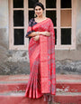 Fiery Red Tussar Silk Saree with Ornamental Motifs and Detailed Zari Pallu