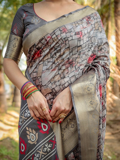 Pure Silk Digitally Printed Saree Weaved With Golden Zari Comes With Tassels - Almaari Fashion