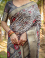 Stunning Grey Banarasi Silk Saree with Golden Zari Border and Mosaic-Inspired Pallu Design