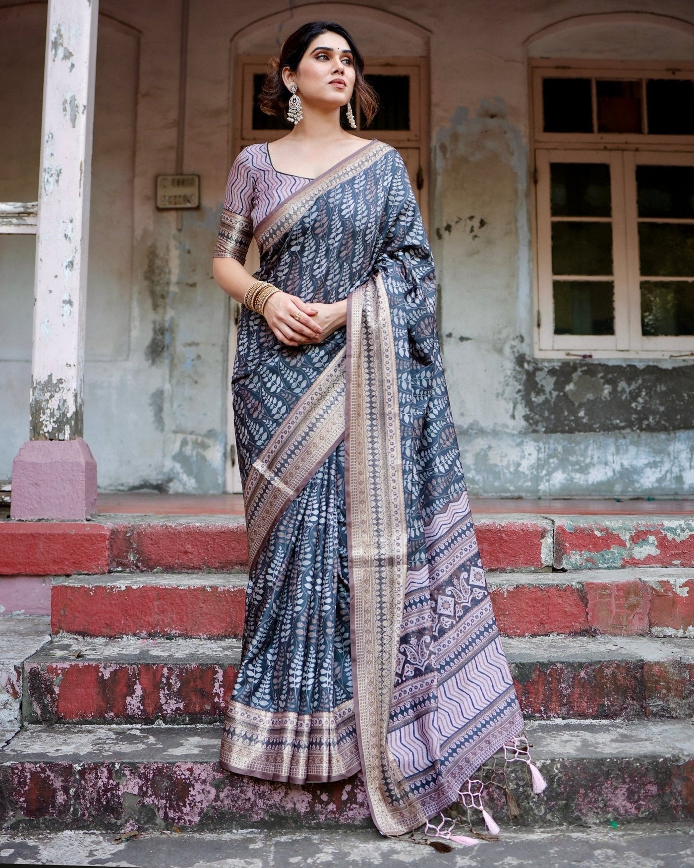 Pure Silk Digitally Printed Saree Weaved With Golden Zari Comes With Tassels - Almaari Fashion