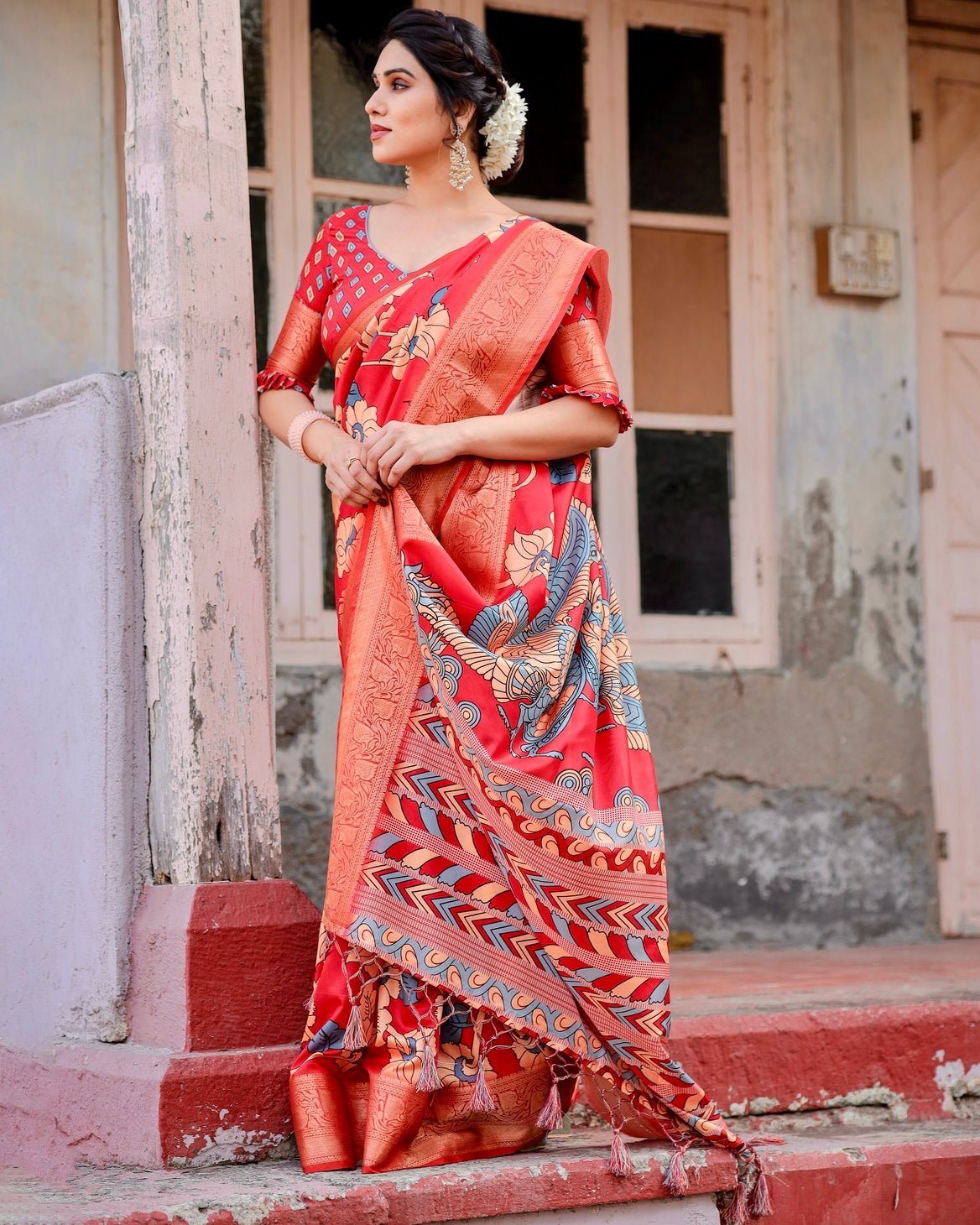 Pure Silk Digitally Printed Saree Weaved With Golden Zari Comes With Tassels - Almaari Fashion