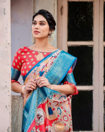 Pure Silk Digitally Printed Saree Weaved With Golden Zari Comes With Tassels - Almaari Fashion