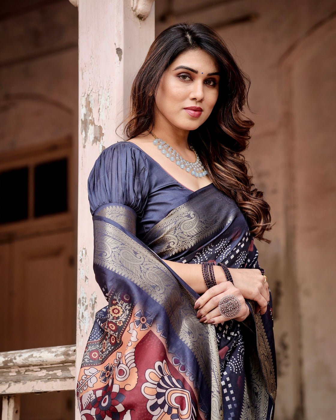 Pure Silk Digitally Printed Saree Weaved With Golden Zari Comes With Tassels - Almaari Fashion
