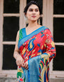 Multicolor Tussar Silk Saree with Vibrant Peacock and Floral Motifs