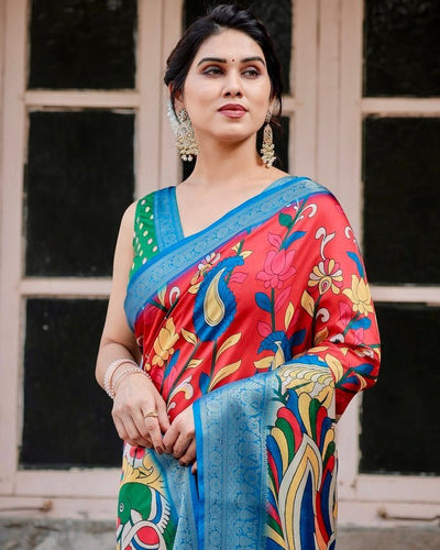 Pure Silk Digitally Printed Saree Weaved With Golden Zari Comes With Tassels - Almaari Fashion