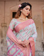 Pastel Pink and Mint Green Geometric Tussar Silk Saree with Zari Paisley Border