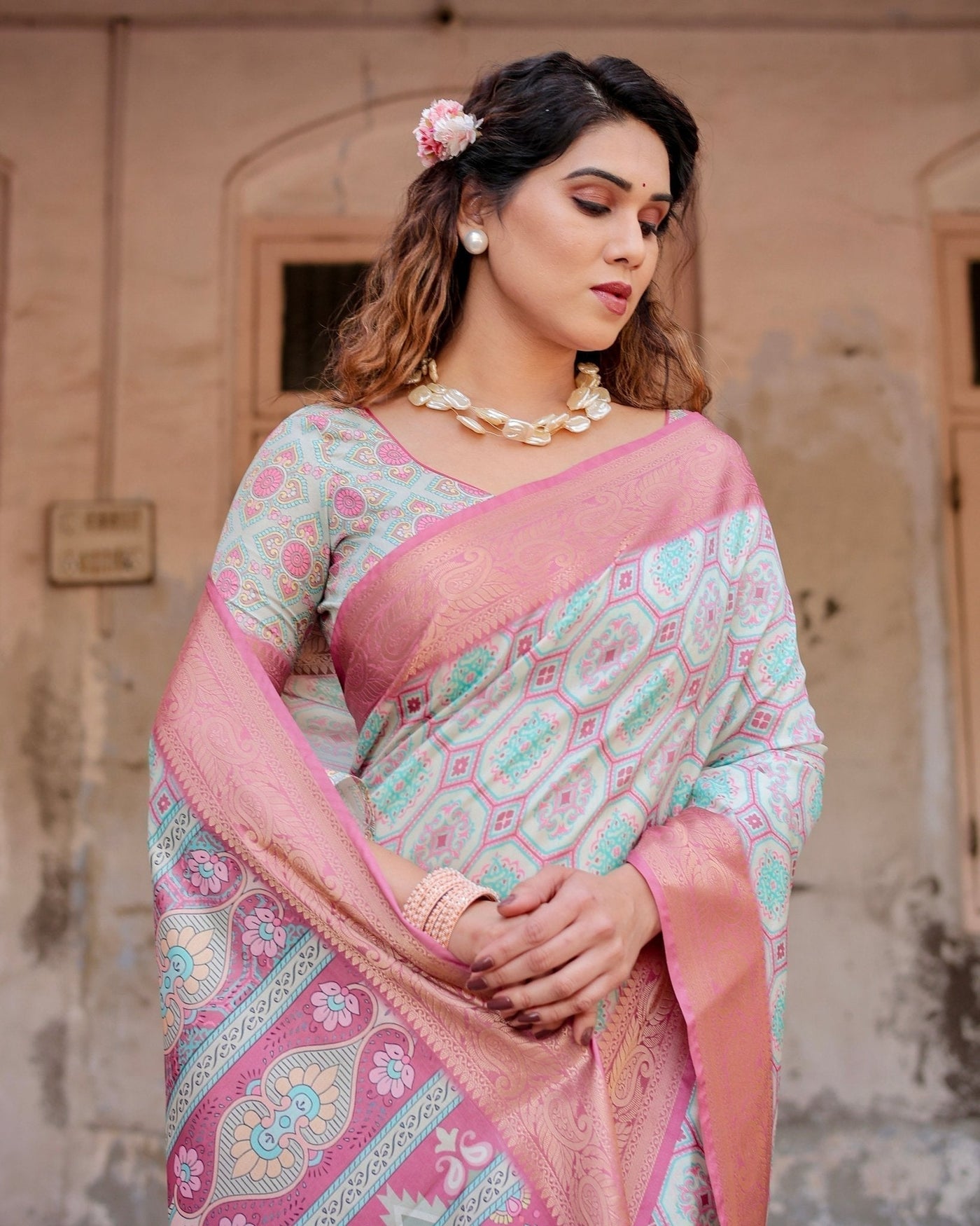 Pure Silk Digitally Printed Saree Weaved With Golden Zari Comes With Tassels - Almaari Fashion