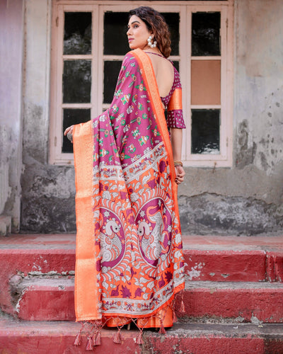 Pure Silk Digitally Printed Saree Weaved With Golden Zari Comes With Tassels - Almaari Fashion