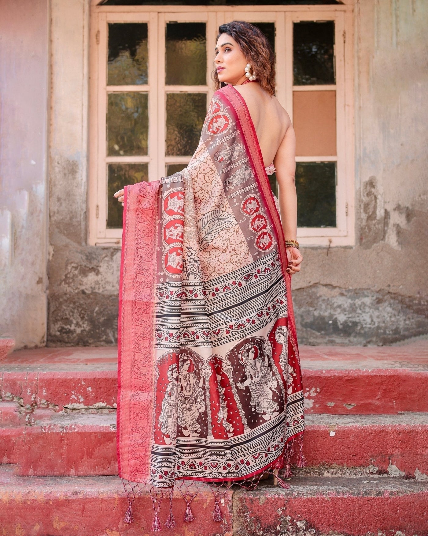 Pure Silk Digitally Printed Saree Weaved With Golden Zari Comes With Tassels - Almaari Fashion