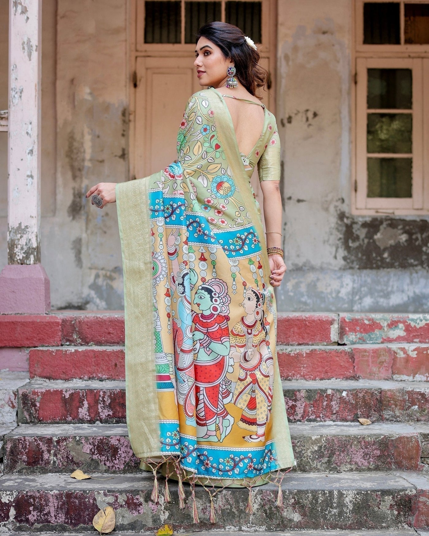 Pure Silk Digitally Printed Saree Weaved With Golden Zari Comes With Tassels - Almaari Fashion