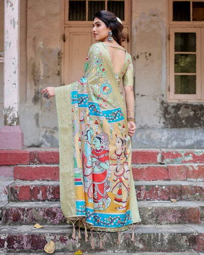 Pure Silk Digitally Printed Saree Weaved With Golden Zari Comes With Tassels - Almaari Fashion