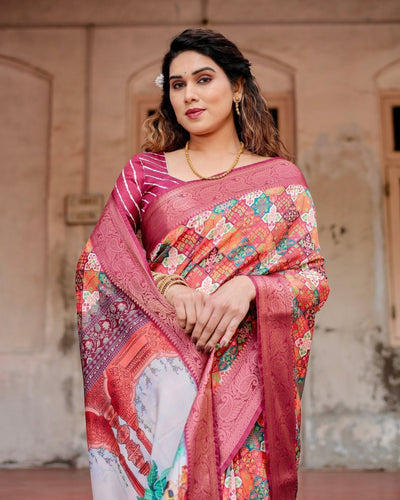 Pure Silk Digitally Printed Saree Weaved With Golden Zari Comes With Tassels - Almaari Fashion