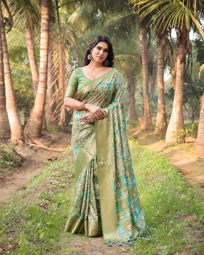 Pure Silk Digitally Printed Saree Weaved With Golden Zari Comes With Tassels - Almaari Fashion