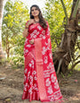 Graceful Red Banarasi Silk Saree with White Floral Design and Zari Border