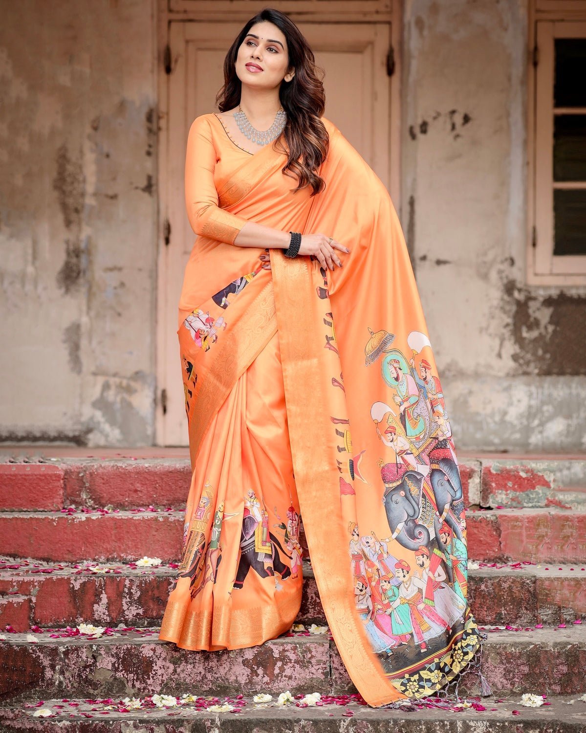 Pure Silk Digitally Printed Saree Weaved With Golden Zari Comes With Tassels - Almaari Fashion