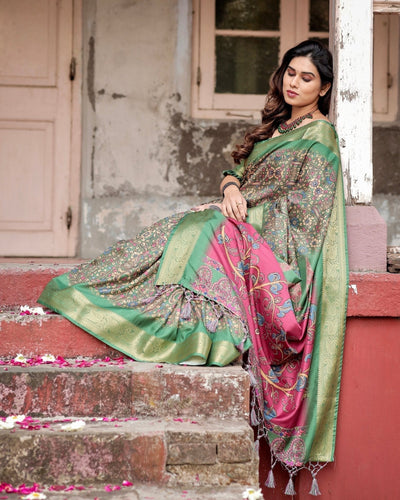 Pure Silk Digitally Printed Saree Weaved With Golden Zari Comes With Tassels - Almaari Fashion